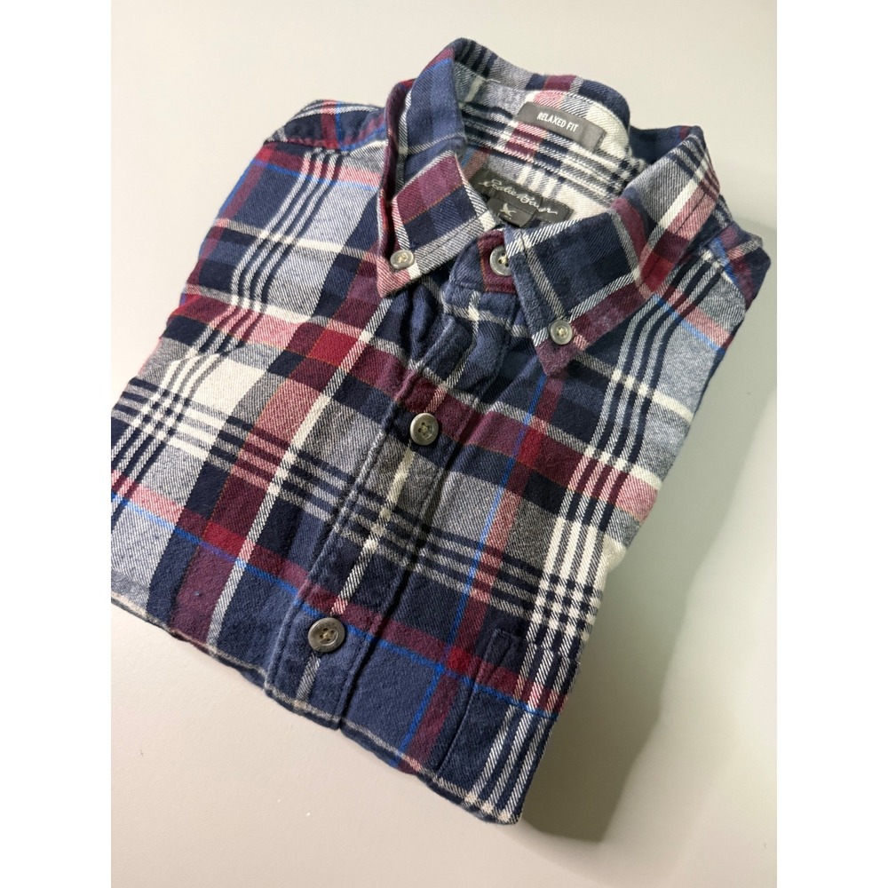 Eddie Bauer Mens Tall TL Flannel Shirt Relaxed Fit Navy Blue Plaid Cotton L/S